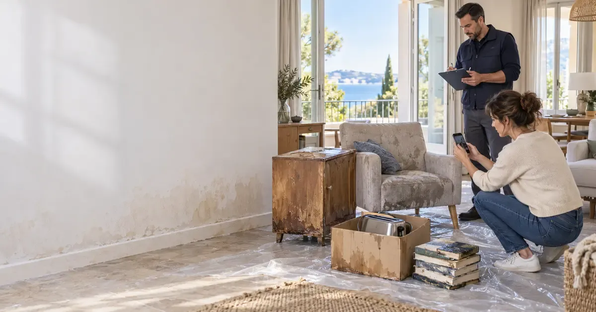 Occupante photographiant du mobilier endommagé par l’eau avec un professionnel qui dresse un inventaire
