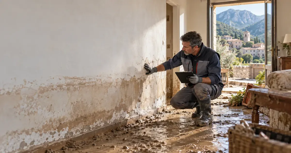 Technicien examinant les traces de boue et d’humidité dans une maison touchée par une inondation dans un village de montagne