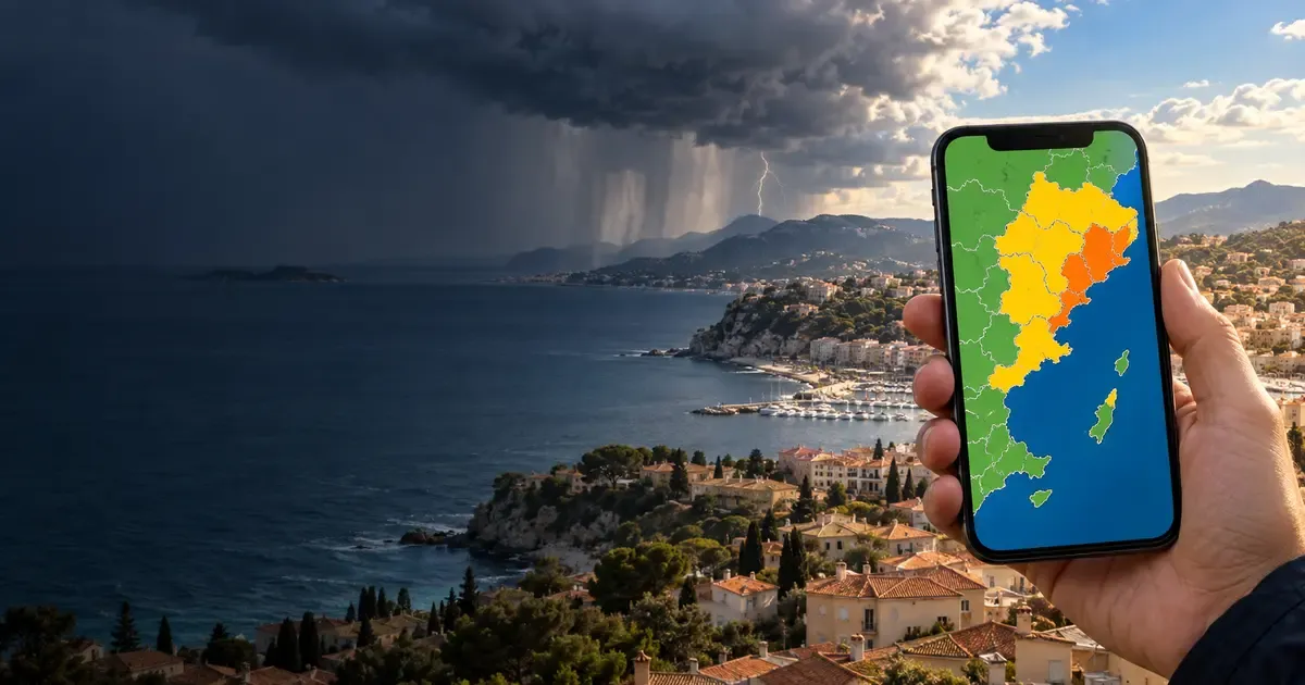 Téléphone affichant une carte de vigilance localisée devant un littoral méditerranéen partagé entre éclaircies et orage