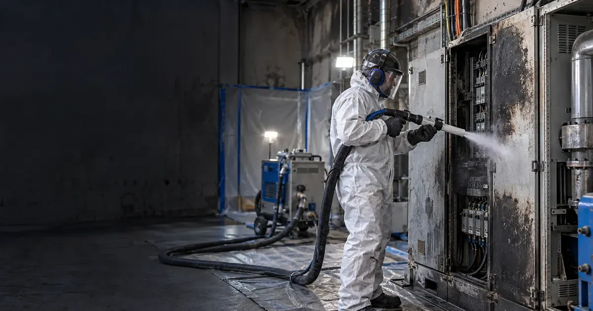 Technicien protégé utilisant un équipement de nettoyage cryogénique sur une armoire technique marquée par la suie