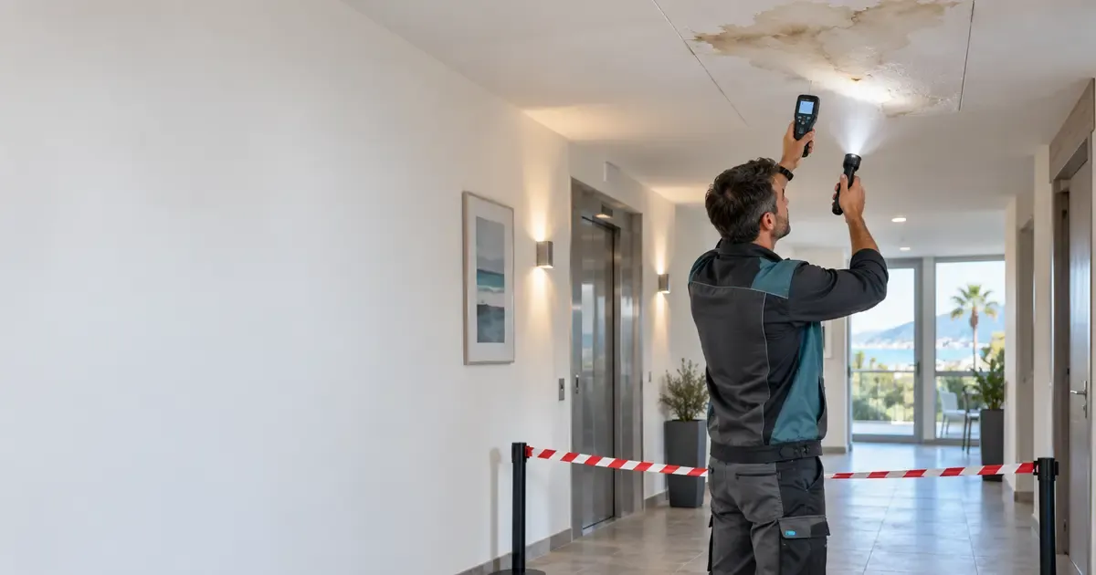 Technicien mesurant l’humidité d’un faux plafond taché par une fuite dans un couloir sécurisé